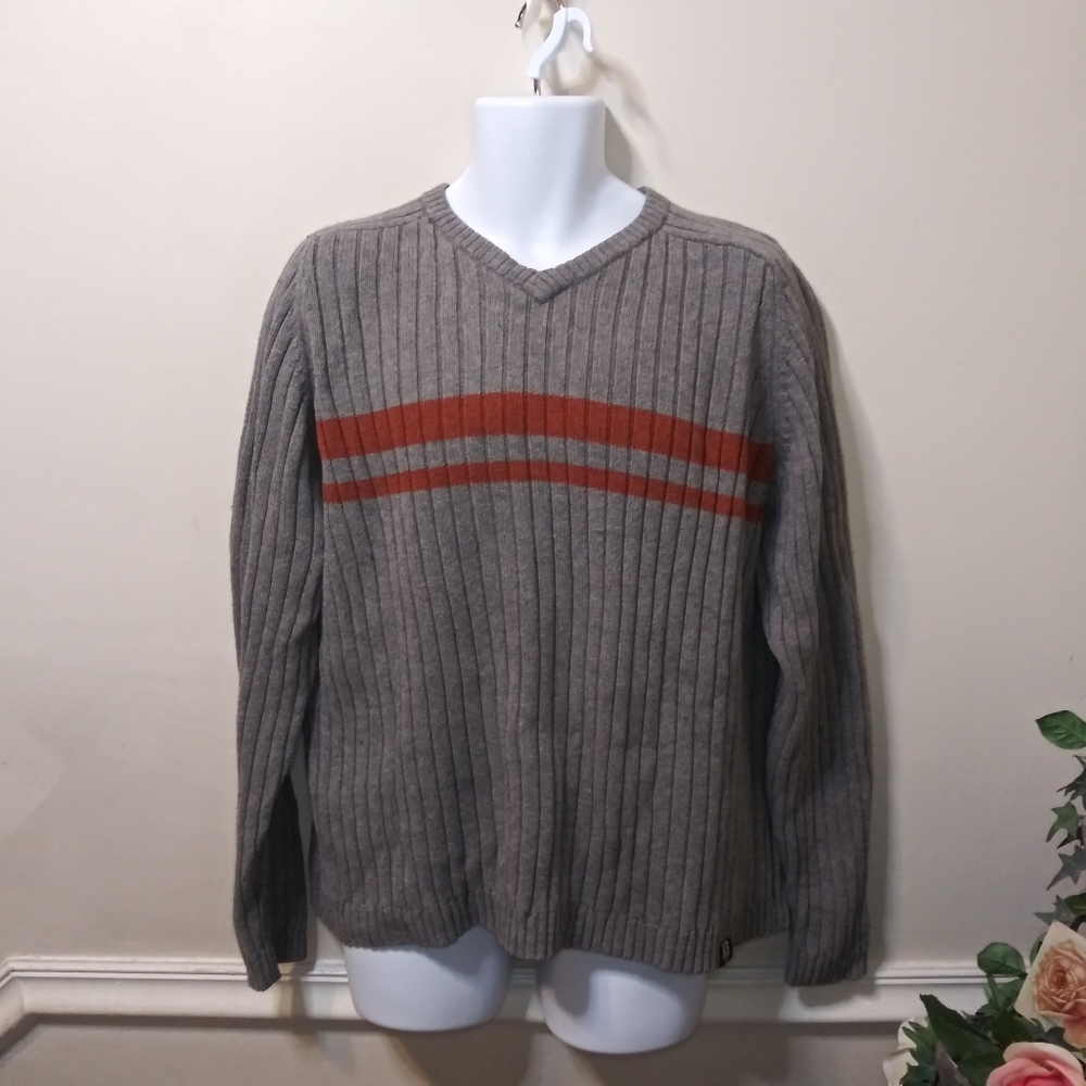 Vintage Y2K American Eagle Outfitters Gray & Orange Ribbed V-Neck Sweater